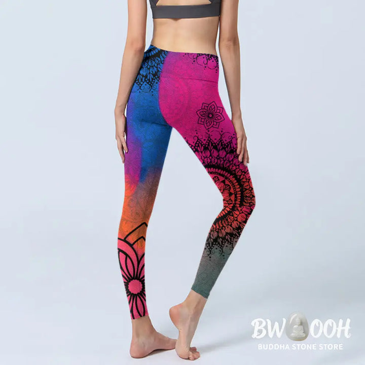 BWOOOH mandala print yoga leggings - Rose Red Blue Mandala Flower Print Gym L