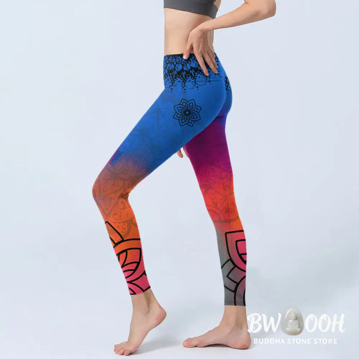 BWOOOH mandala print yoga leggings - Rose Red Blue Mandala Flower Print Gym L
