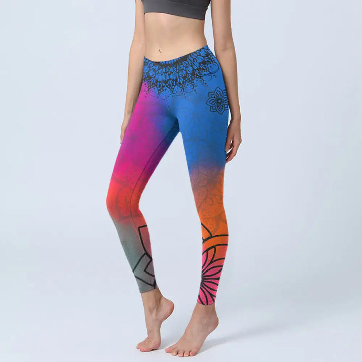 BWOOOH mandala print yoga leggings - Rose Red Blue Mandala Flower Print Gym L