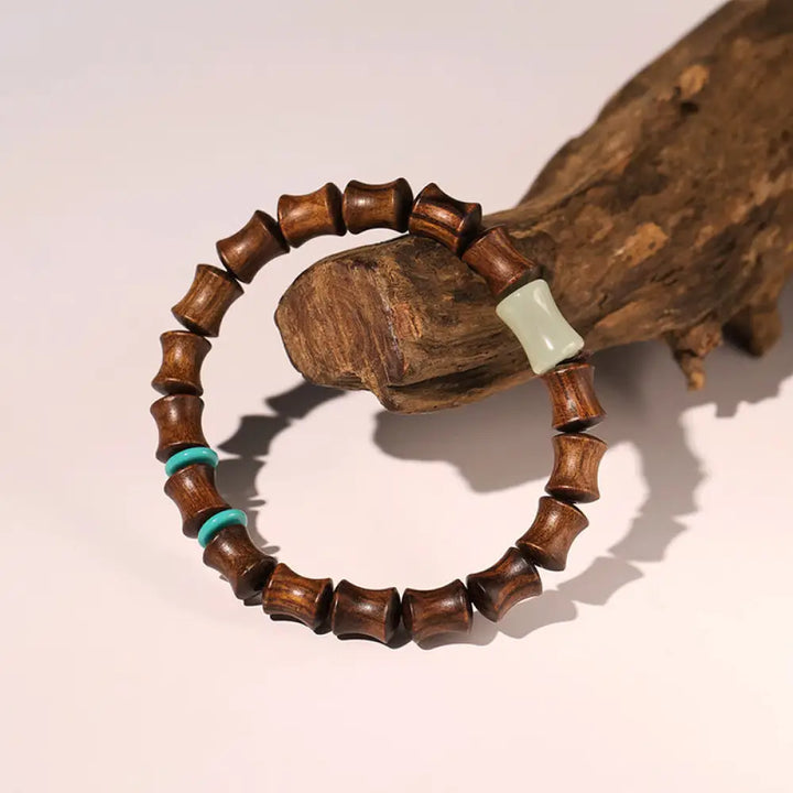 Buddha Stones Rosewood Auspicious Clouds Totem Fu Character Bamboo Pattern Warmth Bracelet - BWOOOH - Bamboo Jade(Wrist