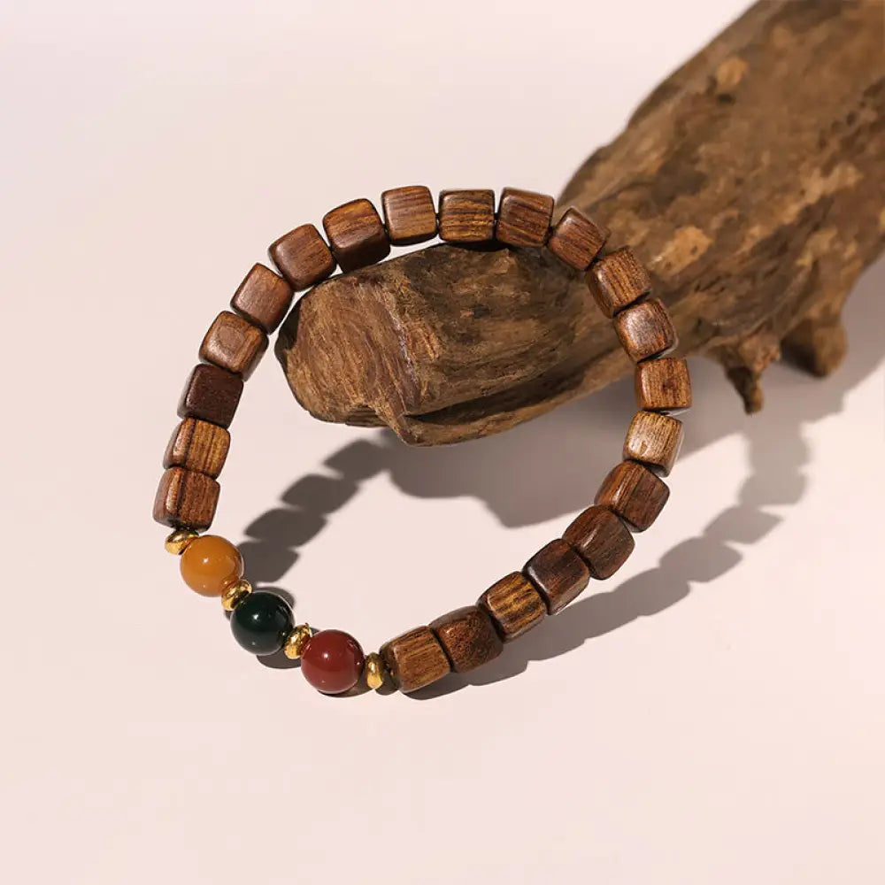 Buddha Stones Rosewood Auspicious Clouds Totem Fu Character Bamboo Pattern Warmth Bracelet - BWOOOH - Square