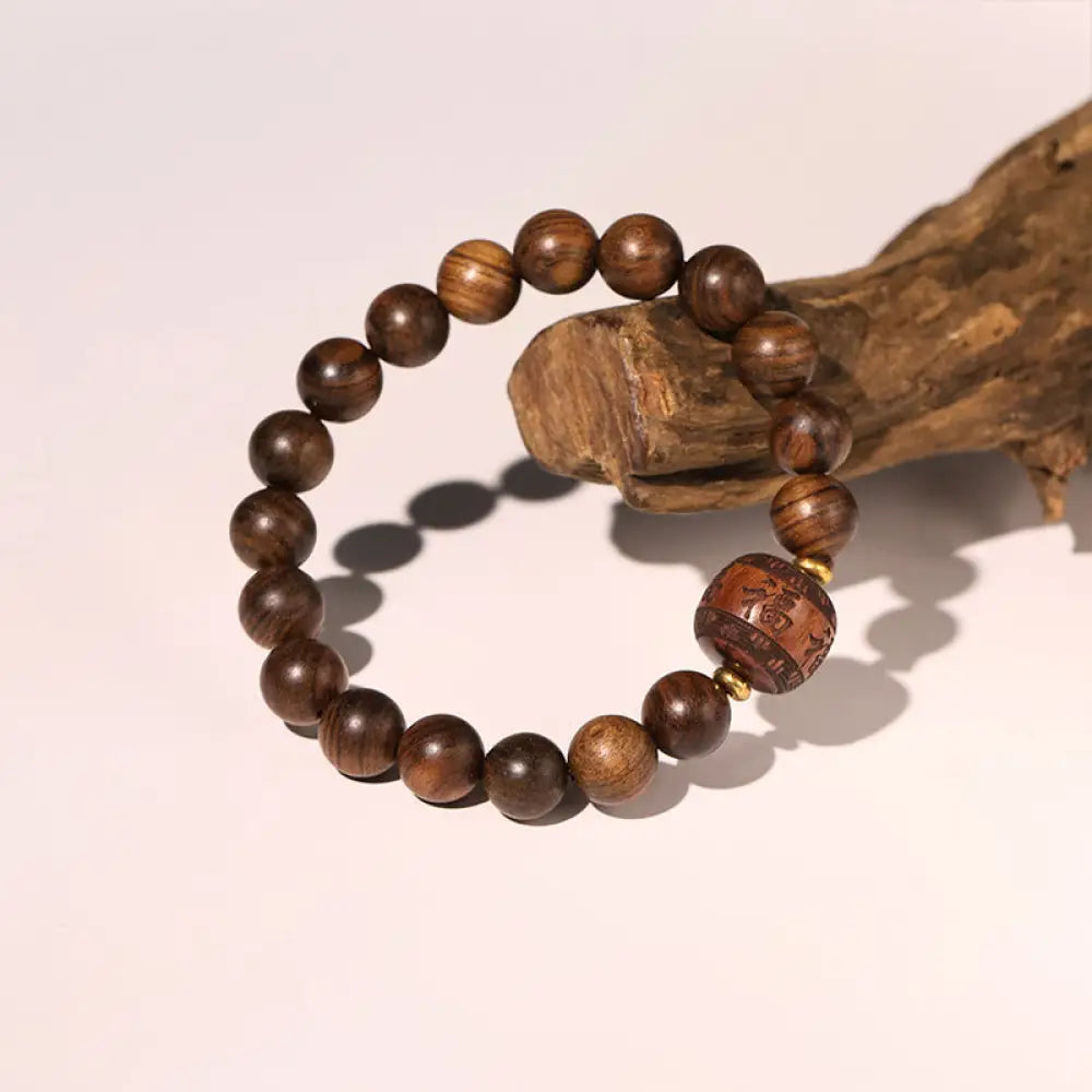 Buddha Stones Rosewood Auspicious Clouds Totem Fu Character Bamboo Pattern Warmth Bracelet - BWOOOH - Fu