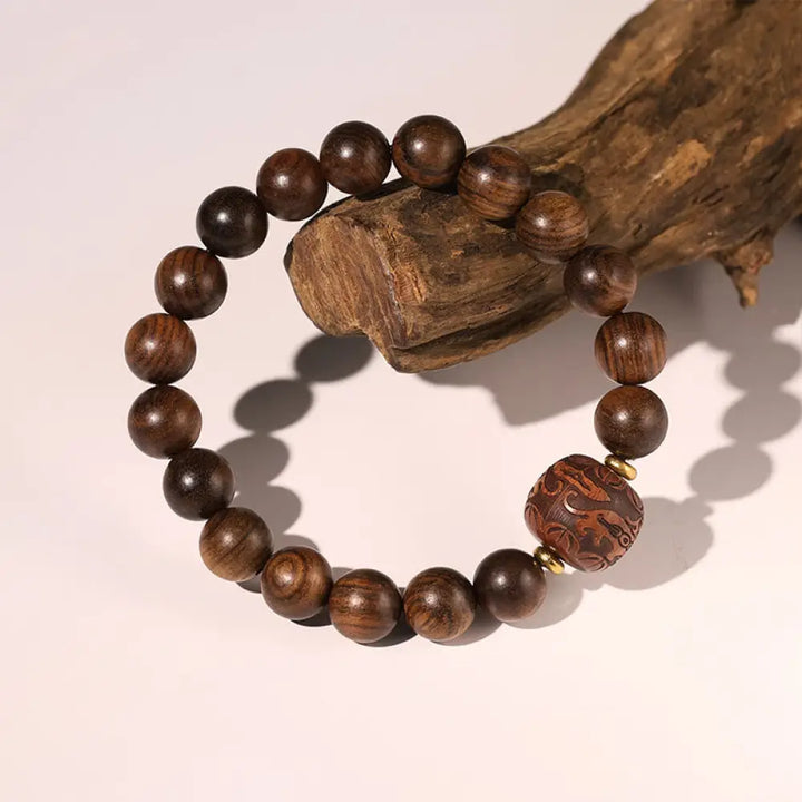 Buddha Stones Rosewood Auspicious Clouds Totem Fu Character Bamboo Pattern Warmth Bracelet - BWOOOH - Totem(Wrist