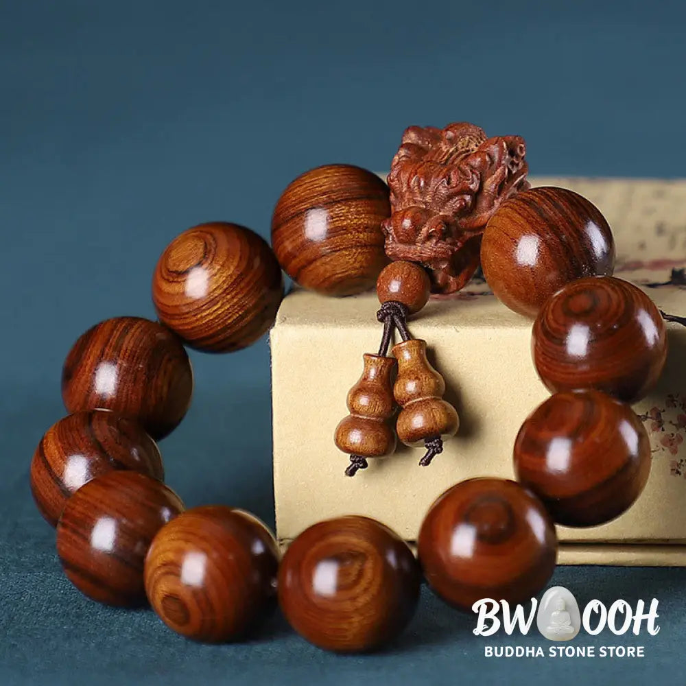 Buddha Stones Rosewood Green Sandalwood Small Leaf Red Sandalwood Dragon Carved Protection Bracelet - BWOOOH - Bracelet