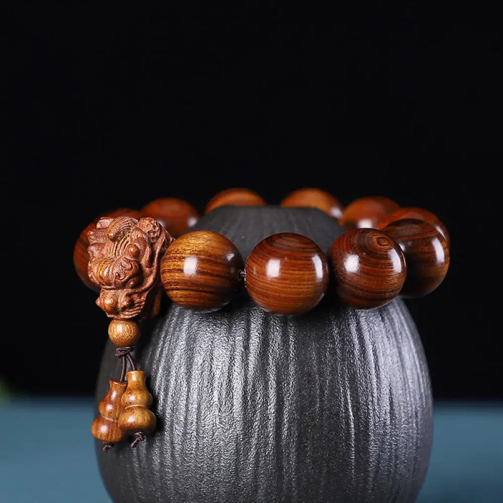 Buddha Stones Rosewood Green Sandalwood Small Leaf Red Sandalwood Dragon Carved Protection Bracelet - BWOOOH - Rosewood