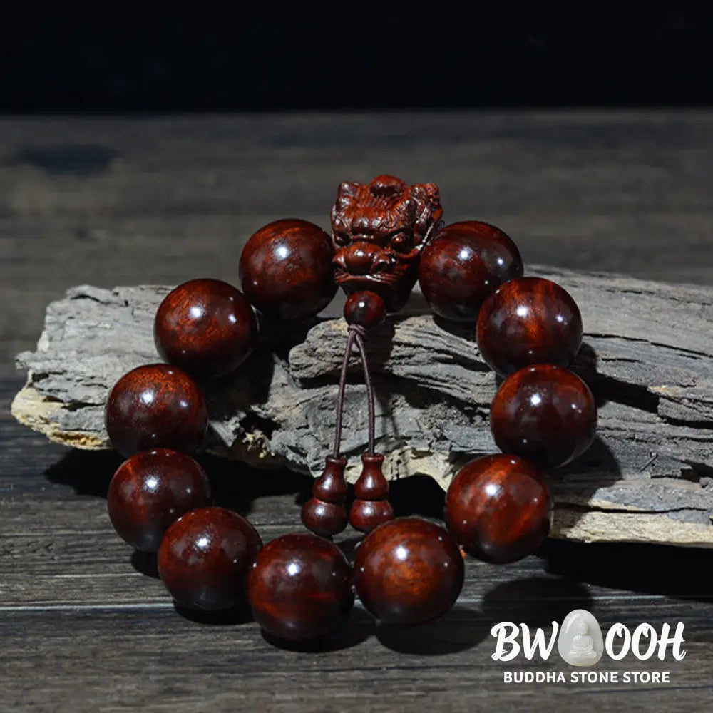 Buddha Stones Rosewood Green Sandalwood Small Leaf Red Sandalwood Dragon Carved Protection Bracelet - BWOOOH - Bracelet