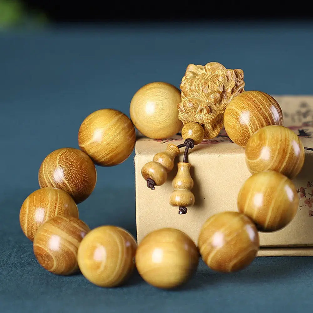 Buddha Stones Rosewood Green Sandalwood Small Leaf Red Sandalwood Dragon Carved Protection Bracelet - BWOOOH