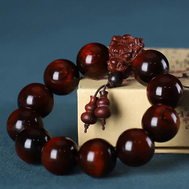 Buddha Stones Rosewood Green Sandalwood Small Leaf Red Sandalwood Dragon Carved Protection Bracelet - BWOOOH - Small