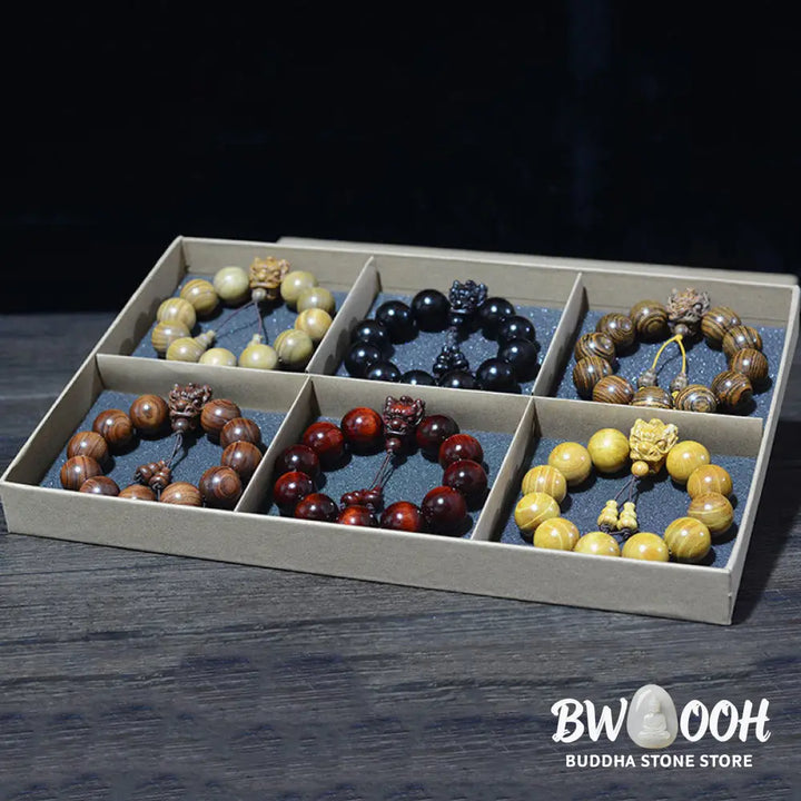 Buddha Stones Rosewood Green Sandalwood Small Leaf Red Sandalwood Dragon Carved Protection Bracelet - BWOOOH - Bracelet