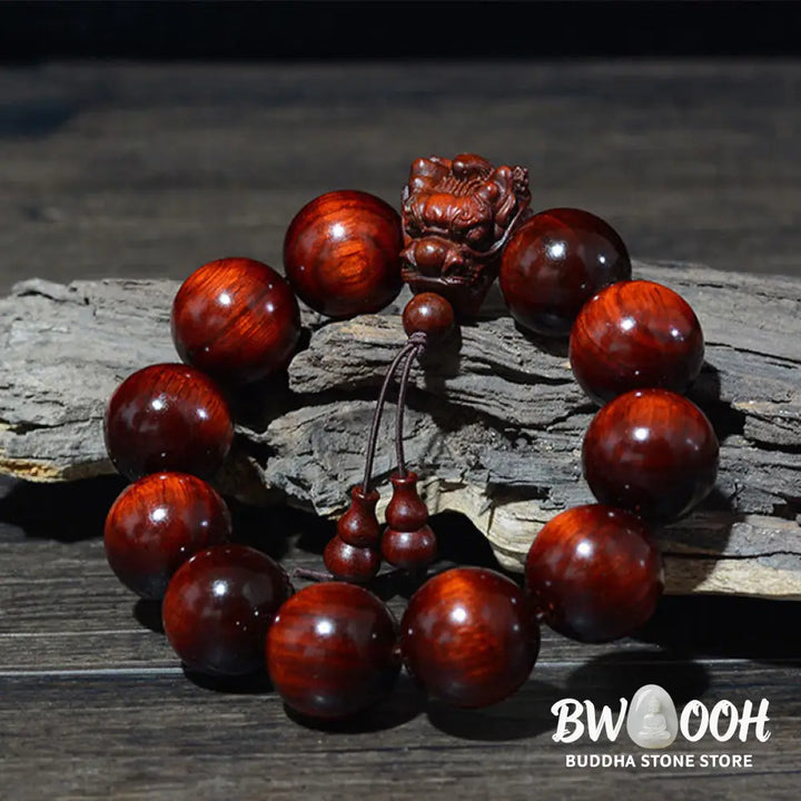 Buddha Stones Rosewood Green Sandalwood Small Leaf Red Sandalwood Dragon Carved Protection Bracelet - BWOOOH - Bracelet