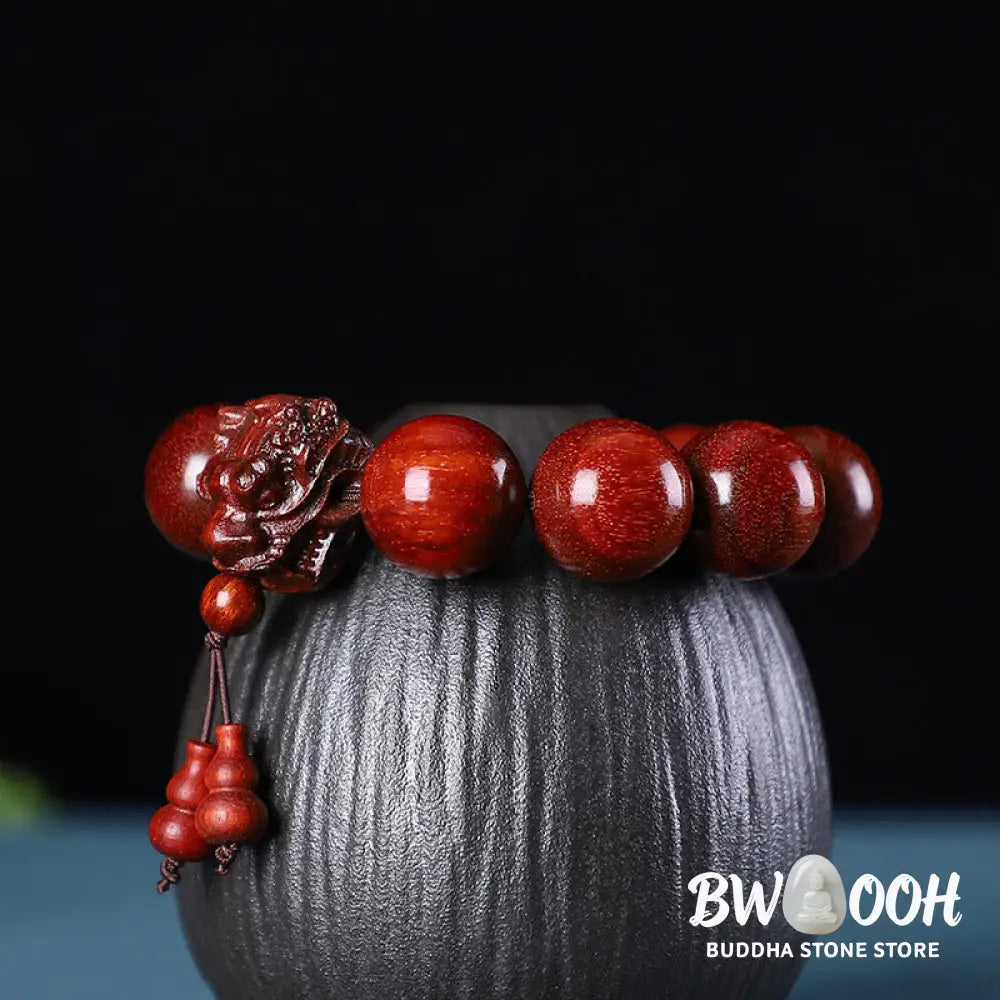 Buddha Stones Rosewood Green Sandalwood Small Leaf Red Sandalwood Dragon Carved Protection Bracelet - BWOOOH - Bracelet
