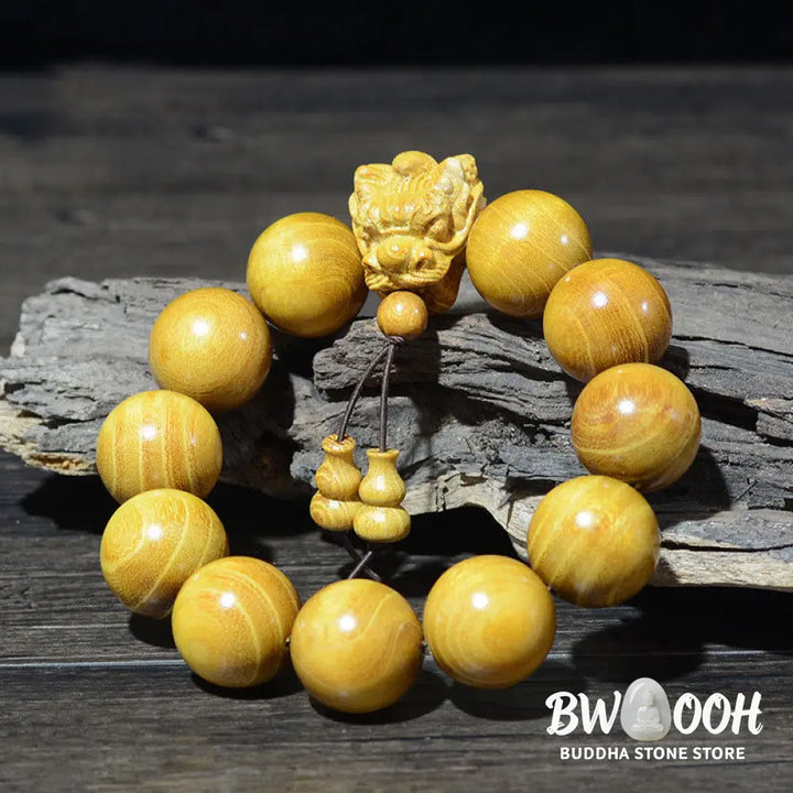 Buddha Stones Rosewood Green Sandalwood Small Leaf Red Sandalwood Dragon Carved Protection Bracelet - BWOOOH - Bracelet