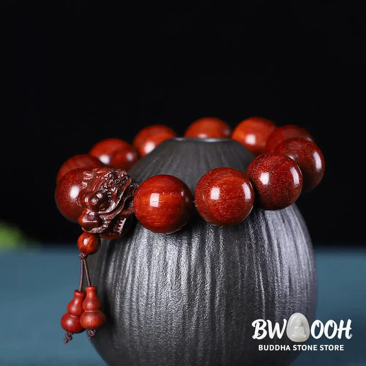 Buddha Stones Rosewood Green Sandalwood Small Leaf Red Sandalwood Dragon Carved Protection Bracelet - BWOOOH - Bracelet
