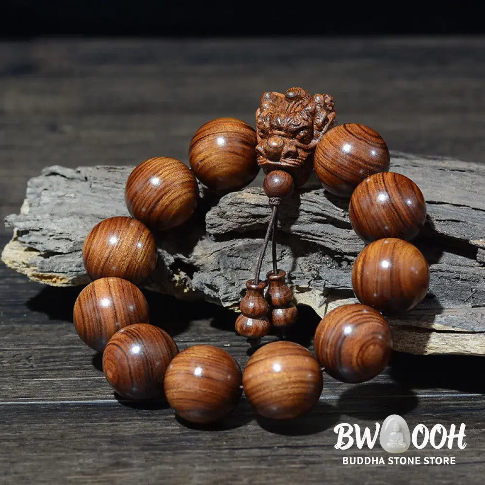 Buddha Stones Rosewood Green Sandalwood Small Leaf Red Sandalwood Dragon Carved Protection Bracelet - BWOOOH - Bracelet