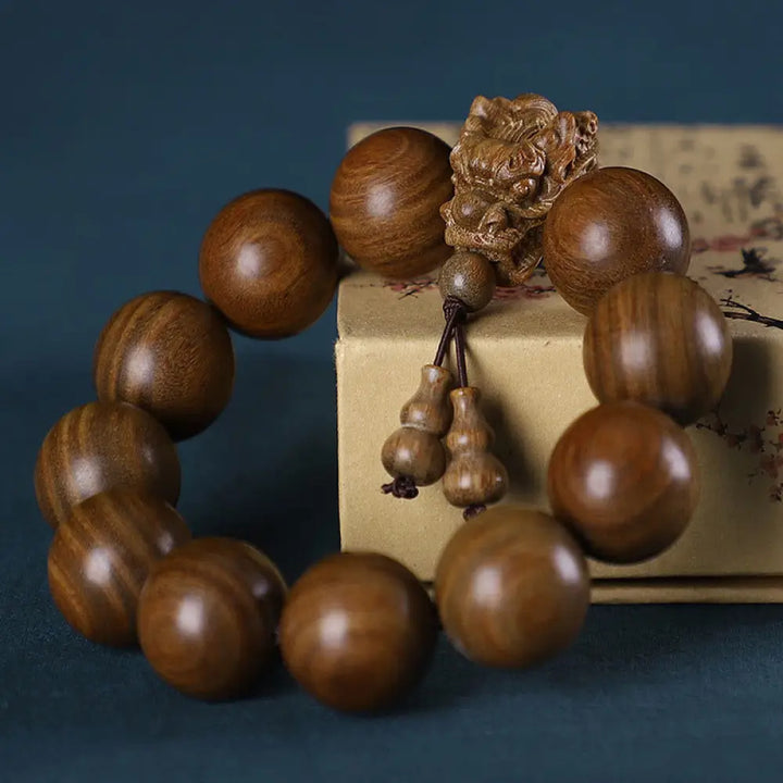Buddha Stones Rosewood Green Sandalwood Small Leaf Red Sandalwood Dragon Carved Protection Bracelet - BWOOOH - Green