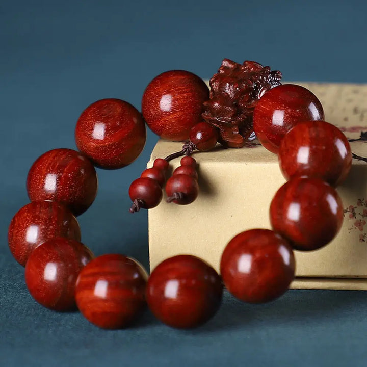 Buddha Stones Rosewood Green Sandalwood Small Leaf Red Sandalwood Dragon Carved Protection Bracelet - BWOOOH - African