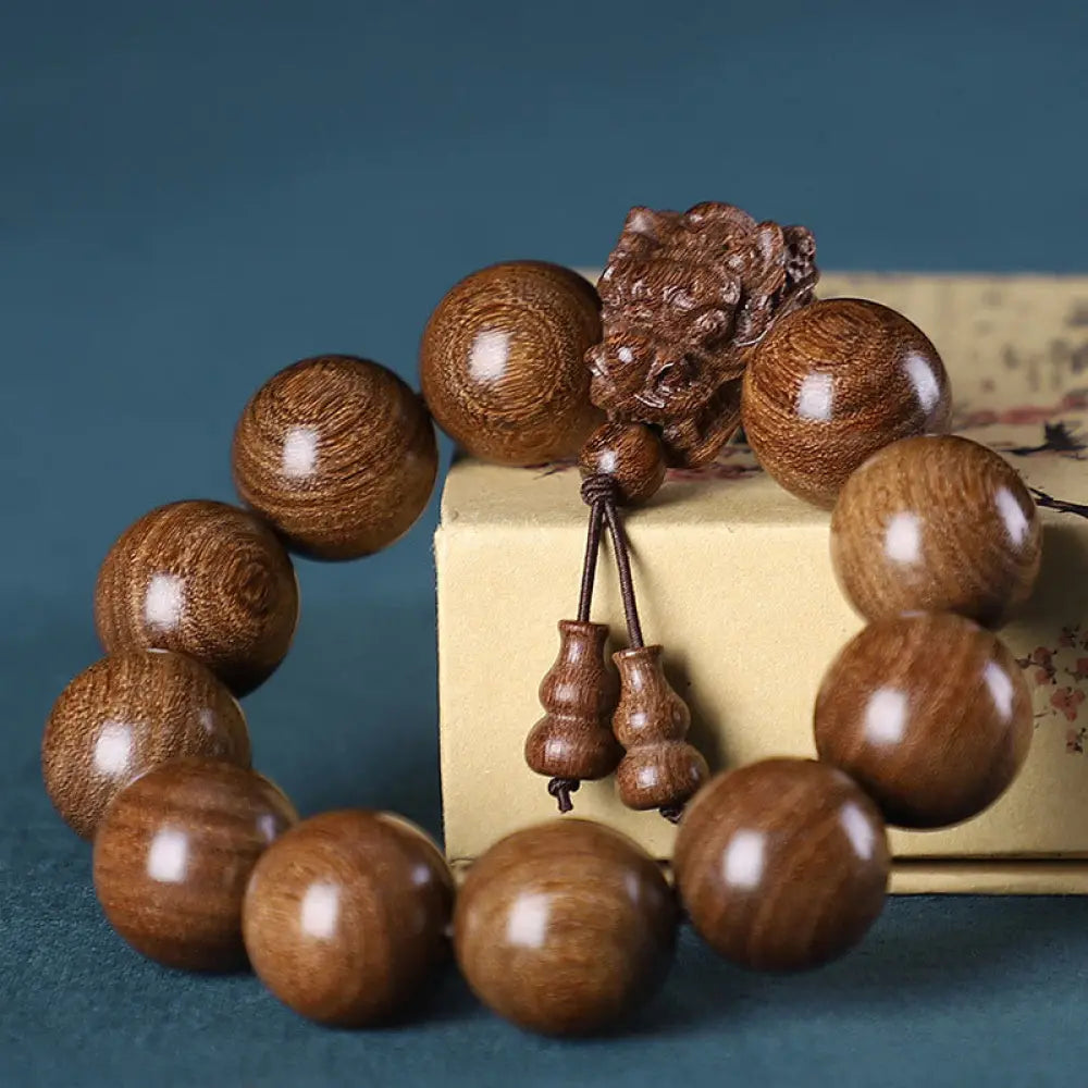 Buddha Stones Rosewood Green Sandalwood Small Leaf Red Sandalwood Dragon Carved Protection Bracelet - BWOOOH - Golden
