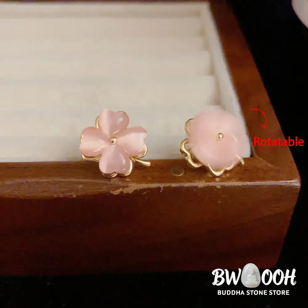 Buddha Stones Rotatable Design Four-Leaf Flower Pink Cat’s Eye Support Stud Earrings - Pink Cat’s Eye(925 Sterling