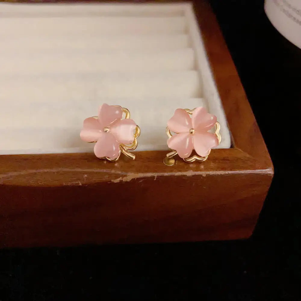 Buddha Stones Rotatable Design Four-Leaf Flower Pink Cat’s Eye Support Stud Earrings - Pink Cat’s Eye(925 Sterling