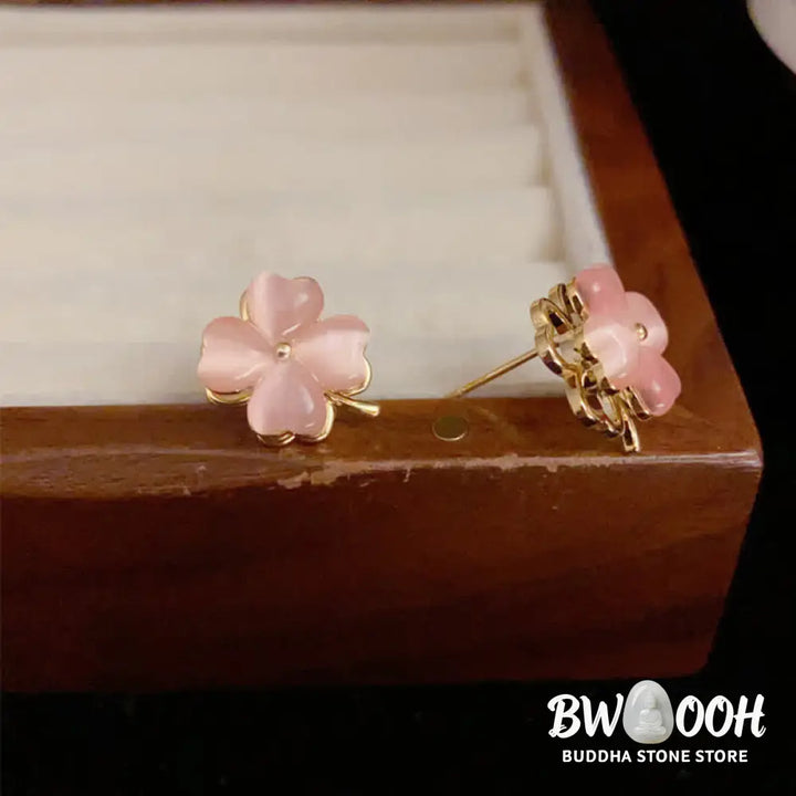 Buddha Stones Rotatable Design Four-Leaf Flower Pink Cat’s Eye Support Stud Earrings - Pink Cat’s Eye(925 Sterling