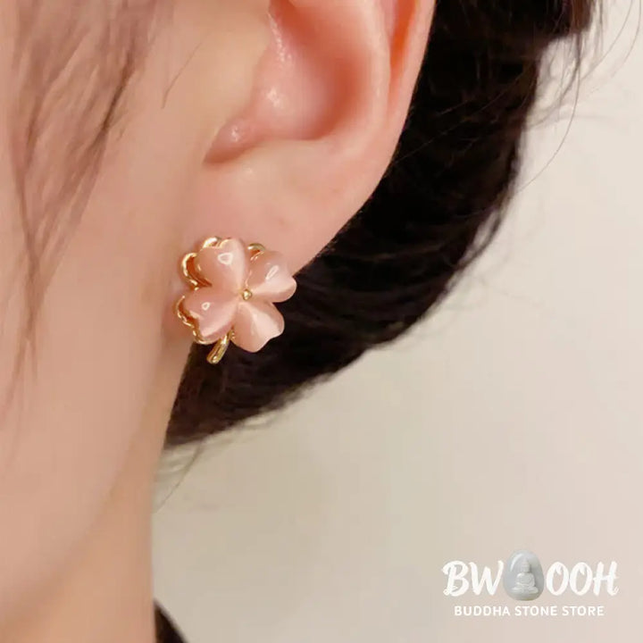 Buddha Stones Rotatable Design Four-Leaf Flower Pink Cat’s Eye Support Stud Earrings - Pink Cat’s Eye(925 Sterling
