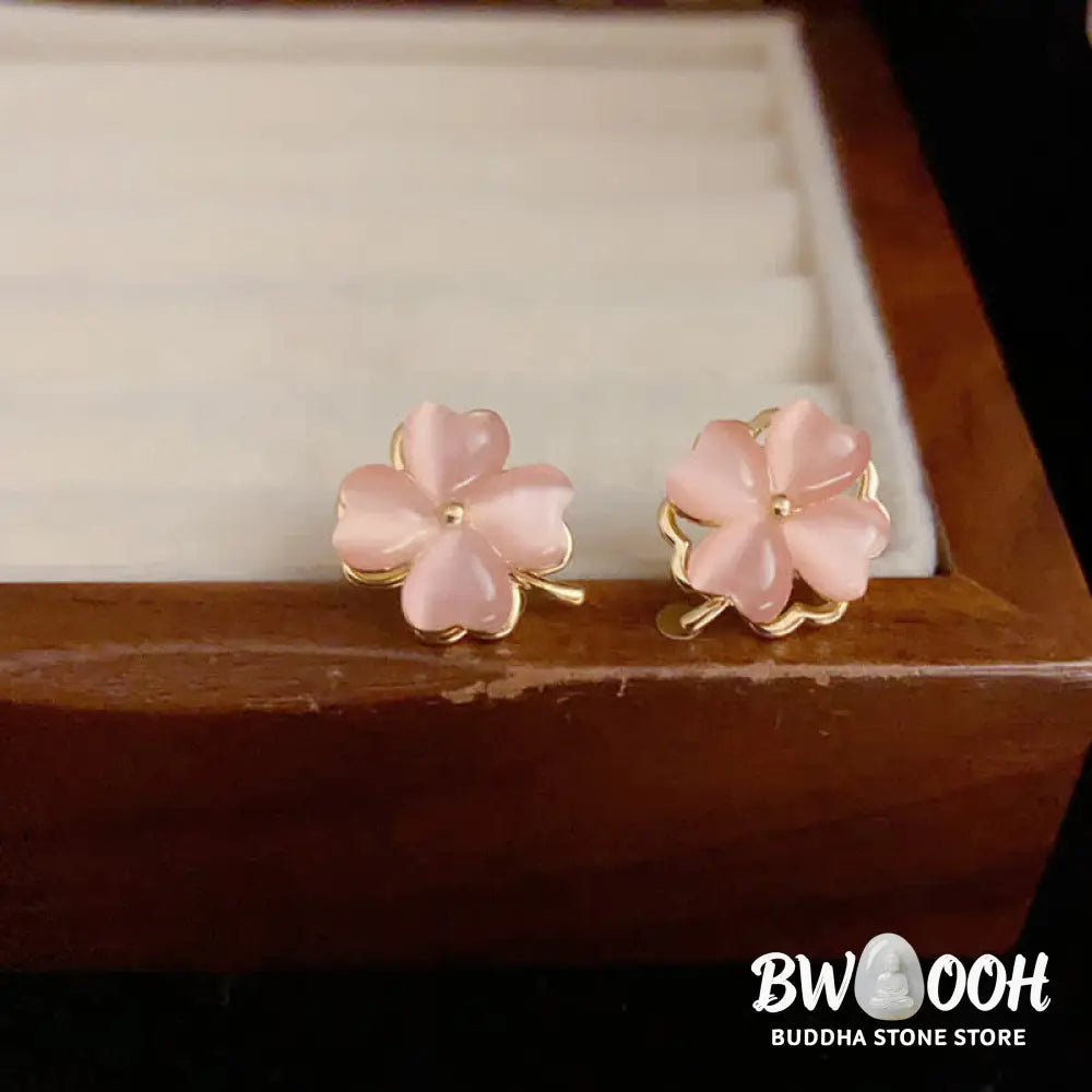 Buddha Stones Rotatable Design Four-Leaf Flower Pink Cat’s Eye Support Stud Earrings - Pink Cat’s Eye(925 Sterling