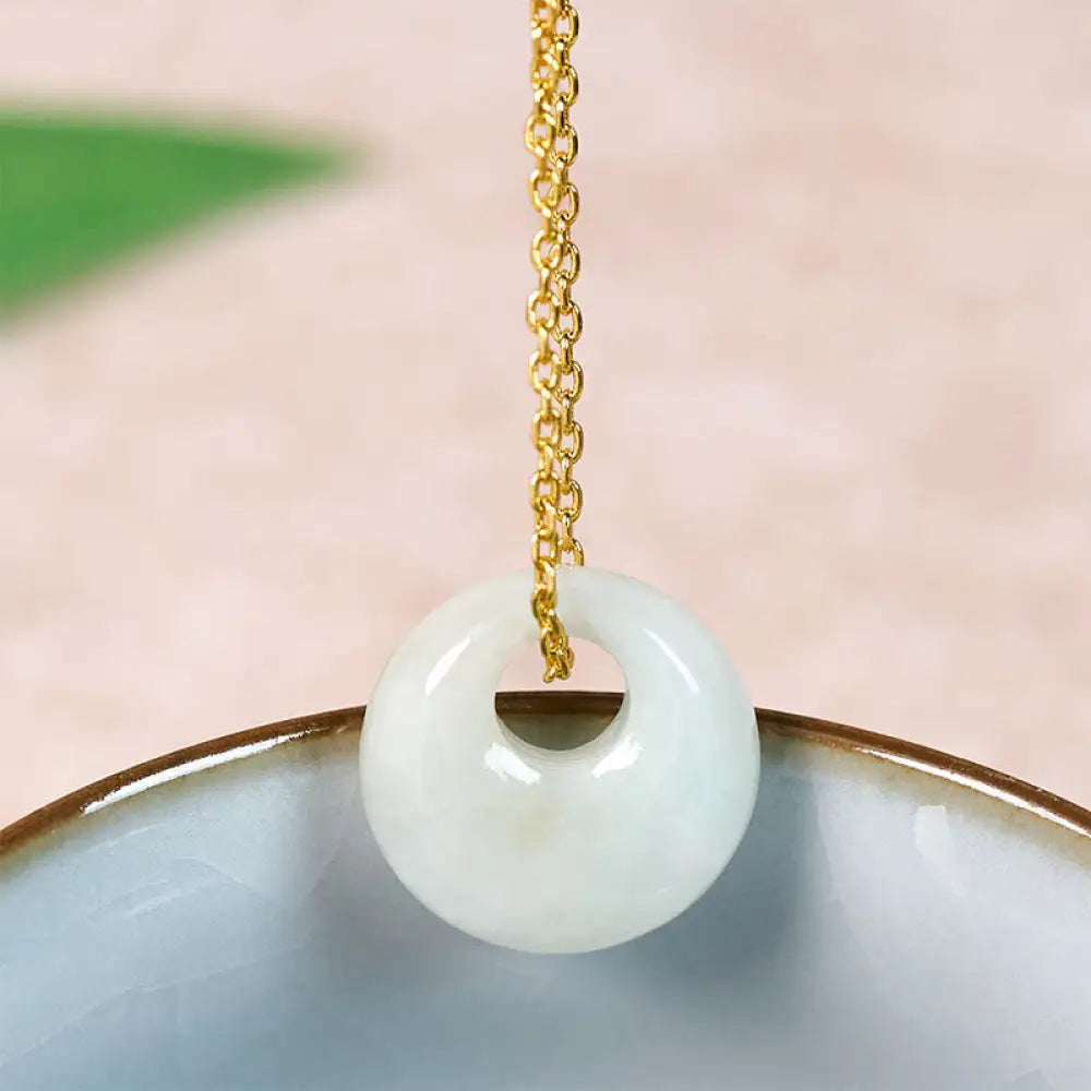 Buddha Stones Round Buckle Jade Luck Necklace Pendant - Natural Jade(Color&Size May Vary) / Golden - Necklaces &