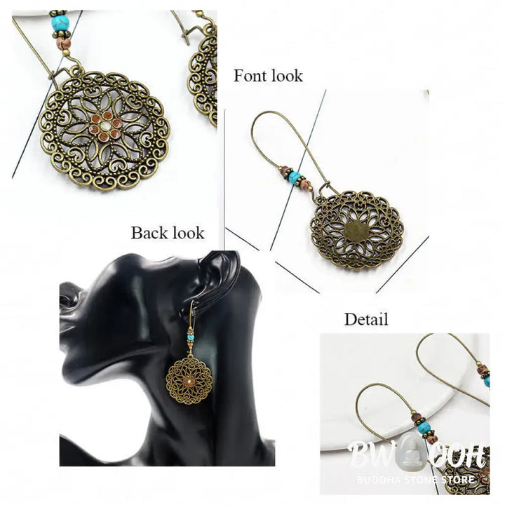 Buddha Stones Round Flower Design Luck Dangle Drop Earrings - Flower - Earrings