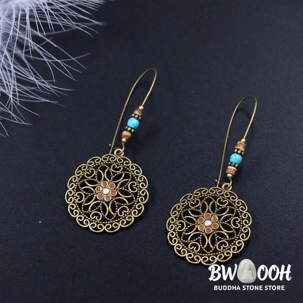Buddha Stones Round Flower Design Luck Dangle Drop Earrings - Flower - Earrings