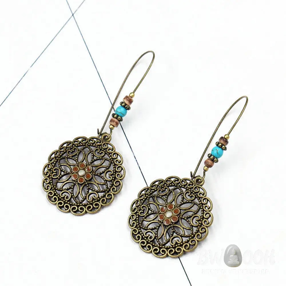Buddha Stones Round Flower Design Luck Dangle Drop Earrings - Flower - Earrings