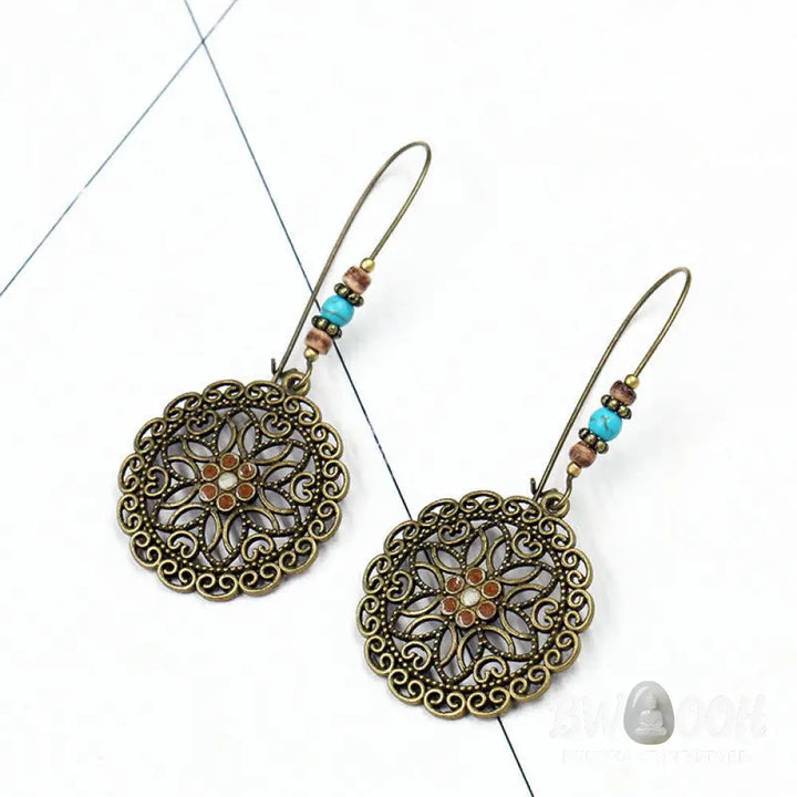 Buddha Stones Round Flower Design Luck Dangle Drop Earrings - Flower - Earrings