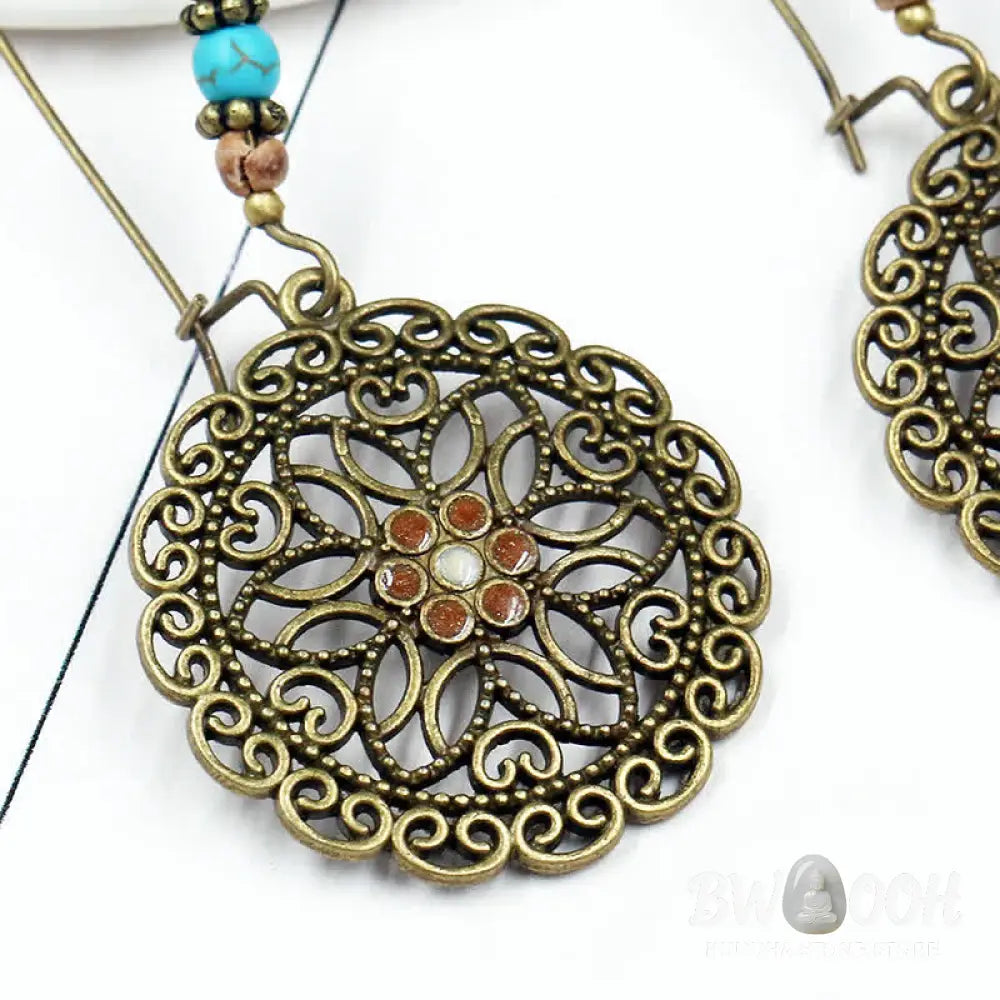 Buddha Stones Round Flower Design Luck Dangle Drop Earrings - Flower - Earrings