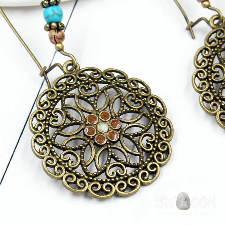 Buddha Stones Round Flower Design Luck Dangle Drop Earrings - Flower - Earrings
