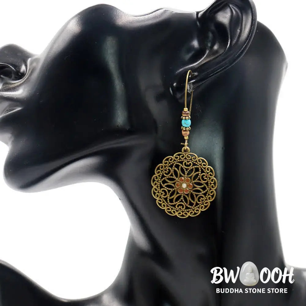 Buddha Stones Round Flower Design Luck Dangle Drop Earrings - Flower - Earrings
