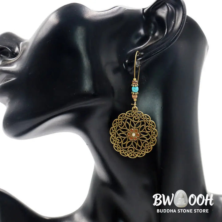Buddha Stones Round Flower Design Luck Dangle Drop Earrings - Flower - Earrings