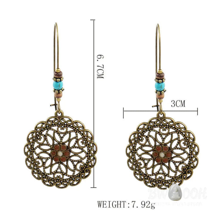 Buddha Stones Round Flower Design Luck Dangle Drop Earrings - Flower - Earrings