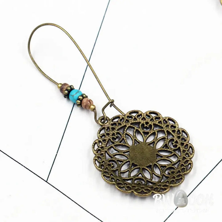 Buddha Stones Round Flower Design Luck Dangle Drop Earrings - Flower - Earrings