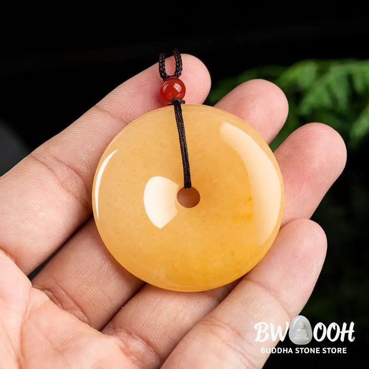 Buddha Stones Round Golden Silk Jade Peace Buckle Wealth Pendant Necklace - BWOOOH - Golden Silk Jade (Ward off evil