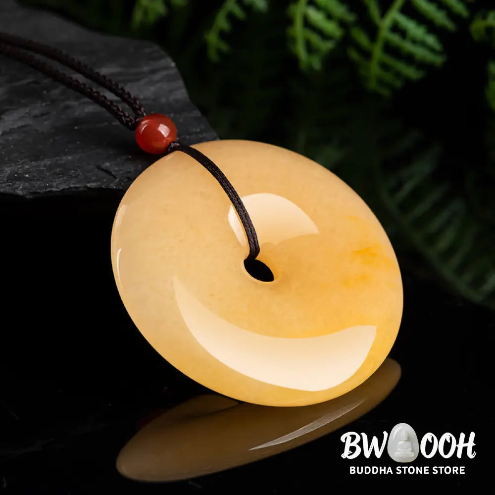 Buddha Stones Round Golden Silk Jade Peace Buckle Wealth Pendant Necklace - BWOOOH - Golden Silk Jade (Ward off evil