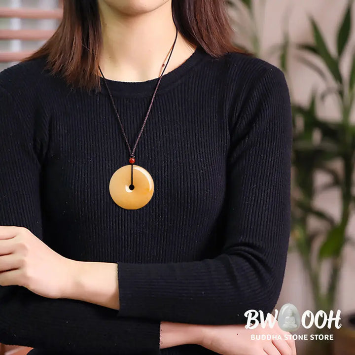 Buddha Stones Round Golden Silk Jade Peace Buckle Wealth Pendant Necklace - BWOOOH - Golden Silk Jade (Ward off evil
