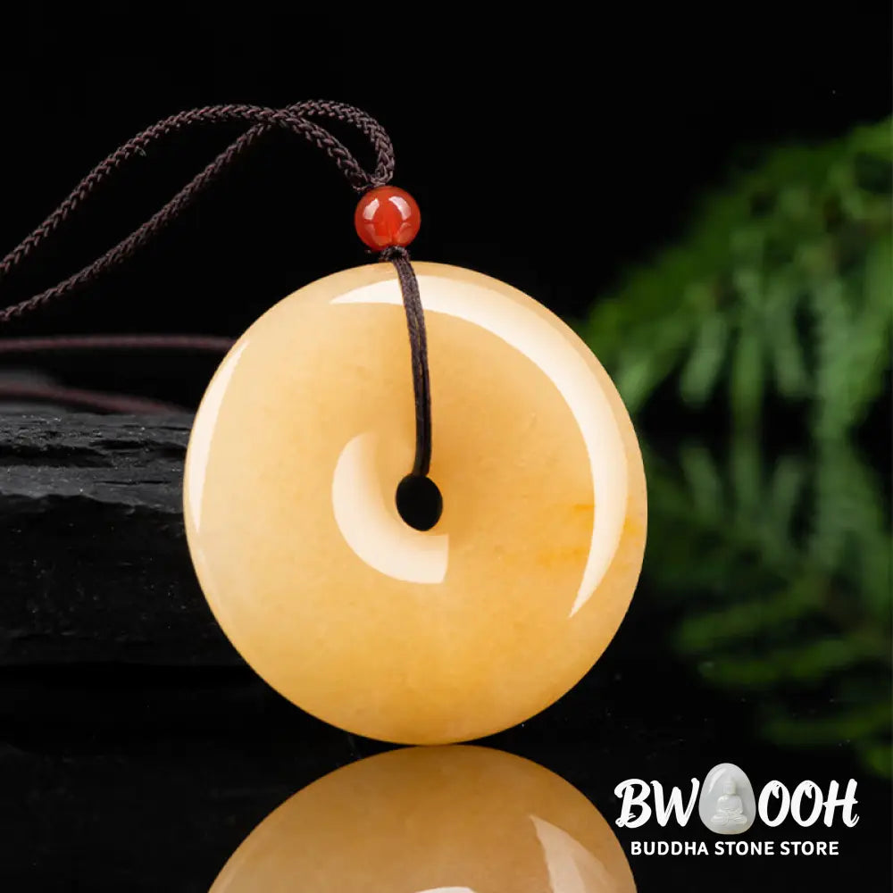 Buddha Stones Round Golden Silk Jade Peace Buckle Wealth Pendant Necklace - BWOOOH - Golden Silk Jade (Ward off evil