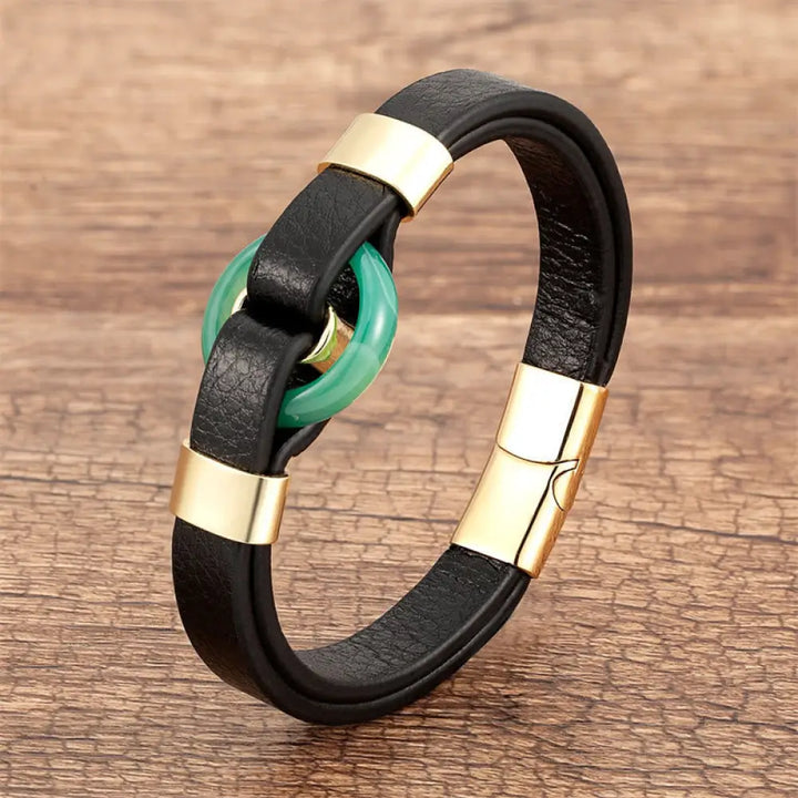 BWOOOH Round Green Aventurine Black Onyx Hematite Agate Rose Quartz Stone Balance Leather Magnetic Buckle