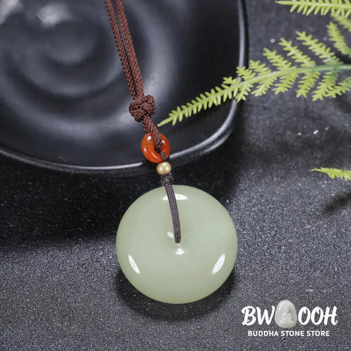 Buddha Stones Round Hetian White Jade Peace Buckle Blessing Necklace Pendant - BWOOOH - Necklaces &amp; Pendants