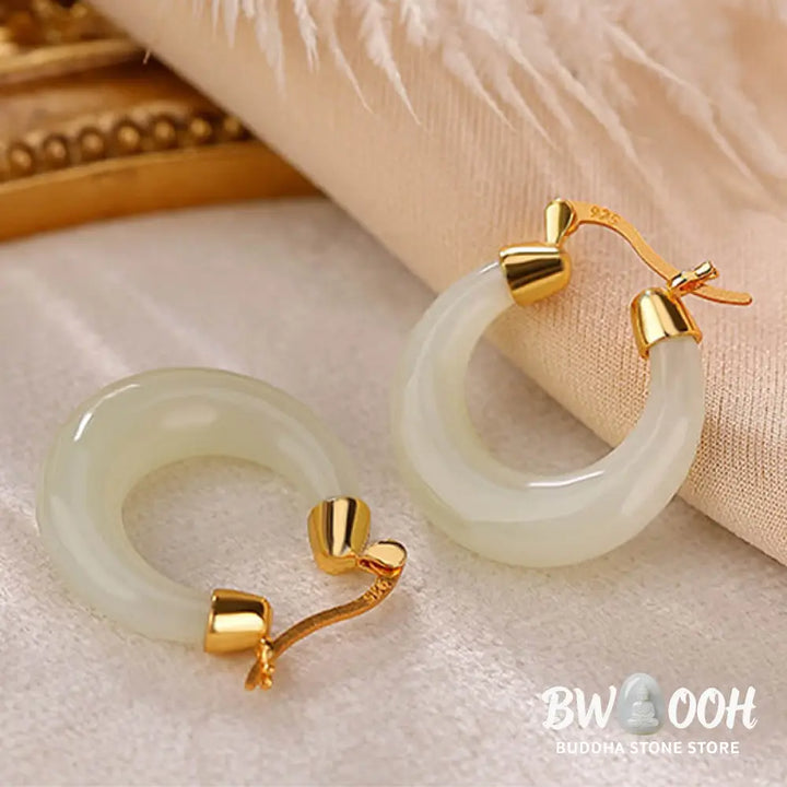 Buddha Stones Round Jade Cyan Jade Prosperity Luck Drop Earrings - Earrings