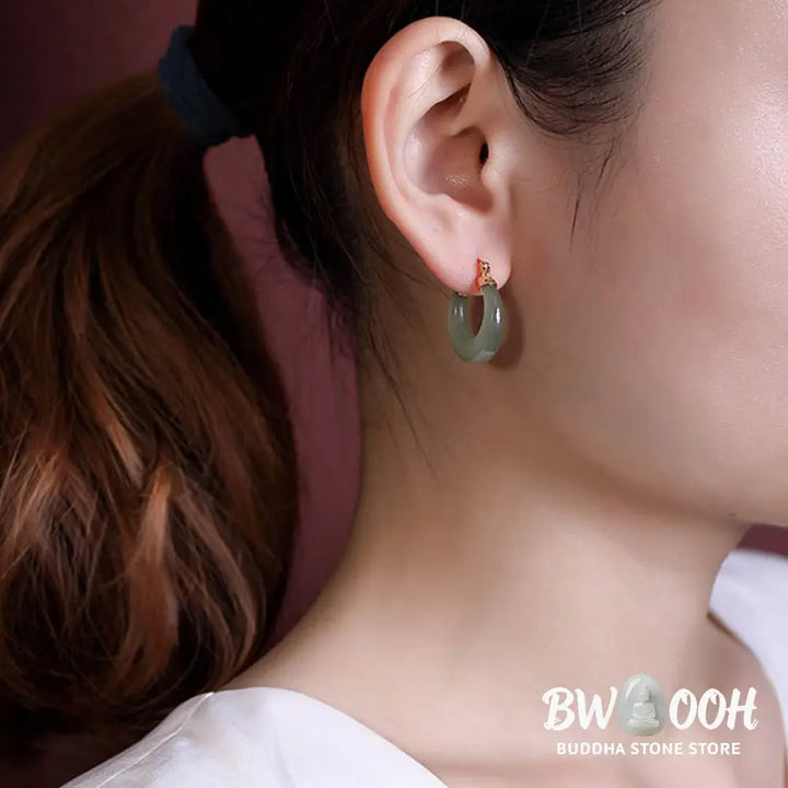 Buddha Stones Round Jade Cyan Jade Prosperity Luck Drop Earrings - Earrings