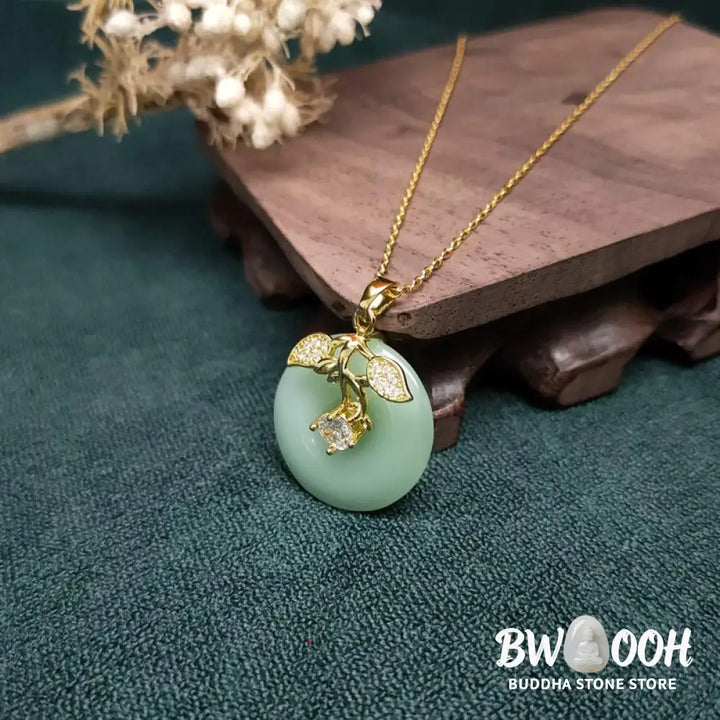 Buddha Stones Round Jade Leaf Blessing Fortune Necklace Chain Pendant - BWOOOH - Jade - Necklaces &amp; Pendants