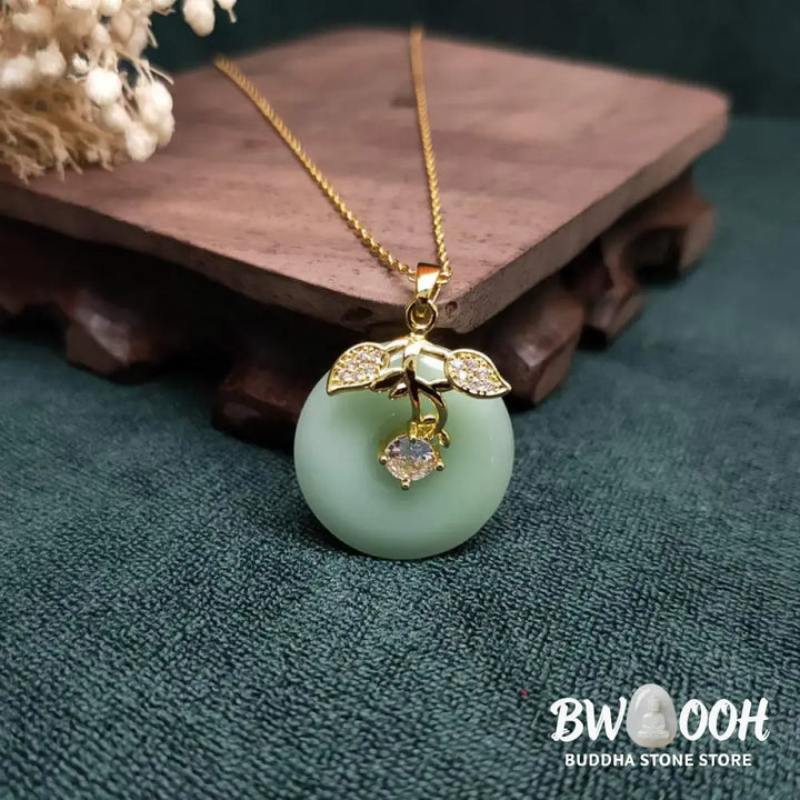 Buddha Stones Round Jade Leaf Blessing Fortune Necklace Chain Pendant - BWOOOH - Jade - Necklaces &amp; Pendants
