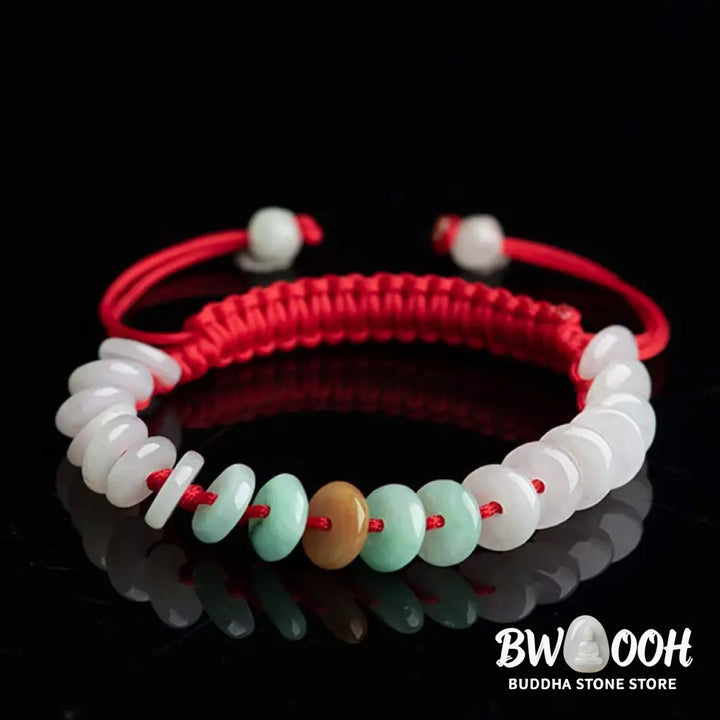 Buddha Stones Round Jade Lucky Red String Weave Bracelet - Jade(Wrist Circumference 14-20cm) - Bracelet