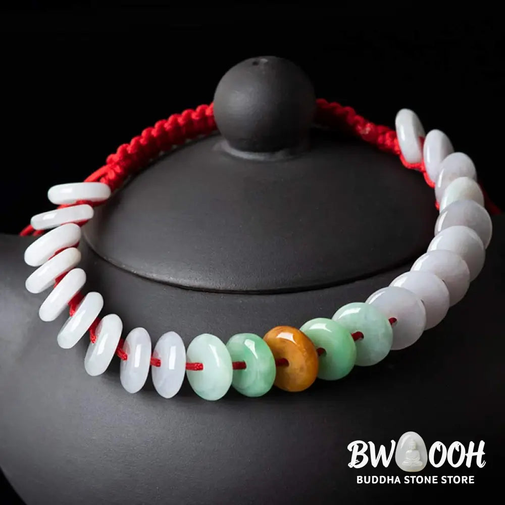 Buddha Stones Round Jade Lucky Red String Weave Bracelet - Jade(Wrist Circumference 14-20cm) - Bracelet