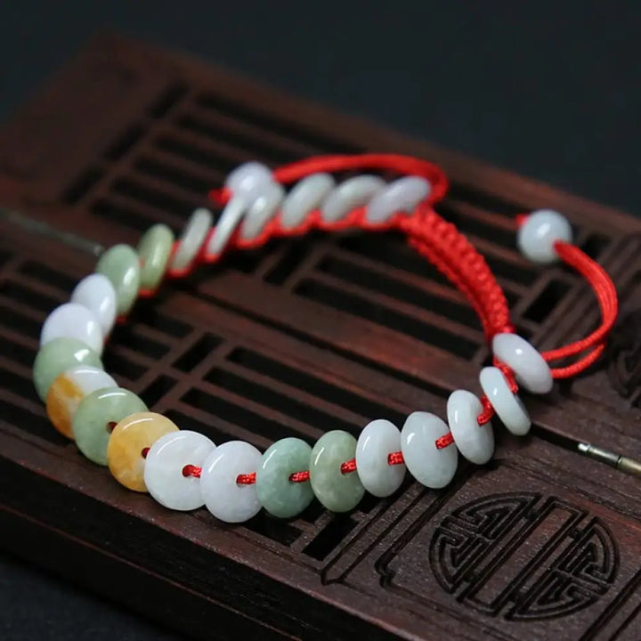 Buddha Stones Round Jade Lucky Red String Weave Bracelet - Jade(Wrist Circumference 14-20cm) - Bracelet